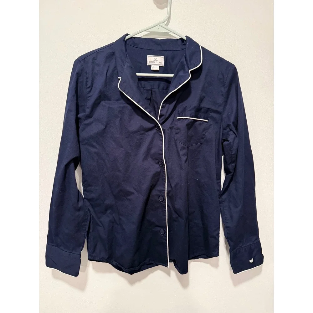 Petite Plume Womens Small Navy Blue Cotton Pajama Top White Piping Sleep Shirt